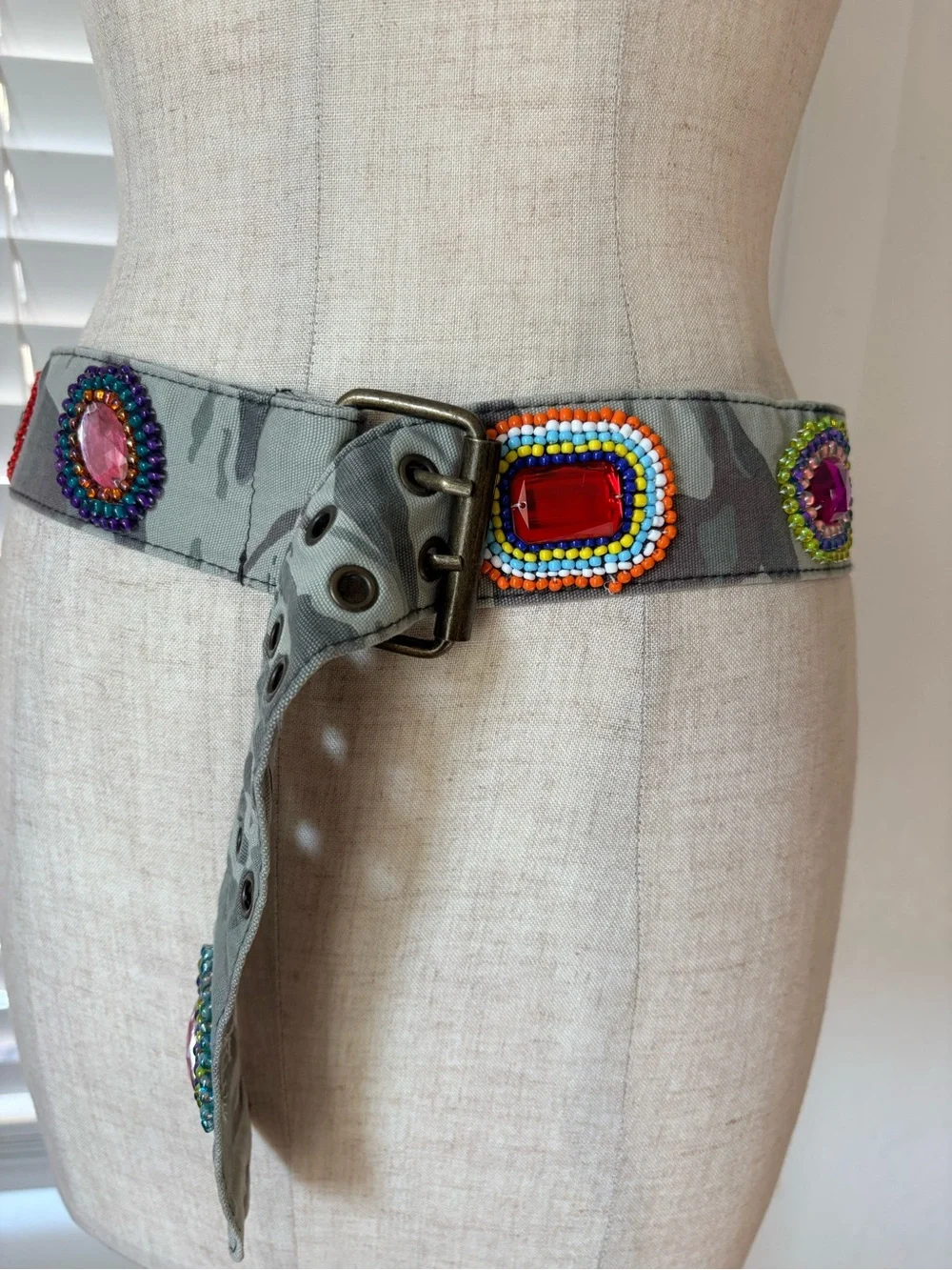 VTG Y2K Camo Beaded Gems Studded Adjustable Buckle Belt Women’s One Size Boho